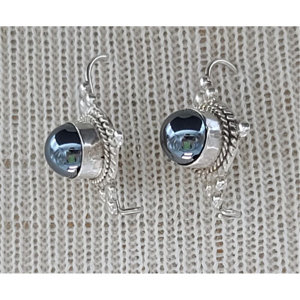 Vintage Mexico Sterling Silver Earrings Hematite Stone Balls & Bead/Rope Design